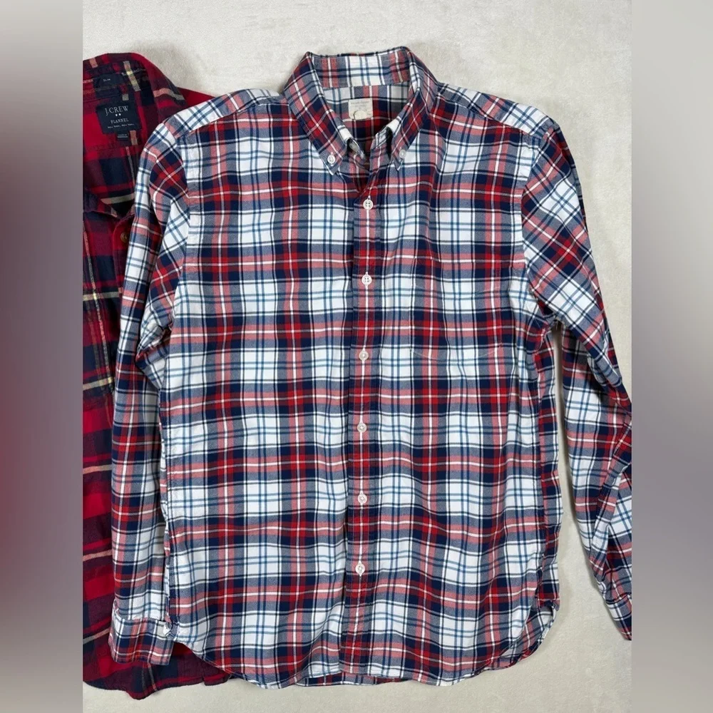 Lot of 2 J. Crew Medium Red and Blue Plaid Flannel Casual Button-Down Shirts